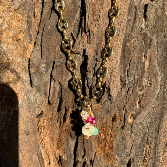 Handmade opal and ruby cluster necklace on 9 inch chain - Picture 2 of 3